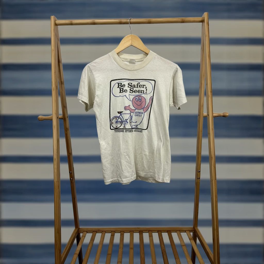 Vintage VINTAGE 80s Be Safer Be Seen Optometric Auxiliary Eye Paper Thin Worn T-Shirt M Adult Mens White Size US M / EU 48-50 / 2 - 1 Thumbnail