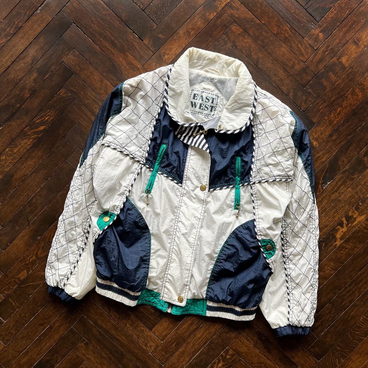 Designer × Vintage East West Vintage 90s Nylon Unisex Zip Jacket White Blue Size M / US 6-8 / IT 42-44 - 1 Thumbnail