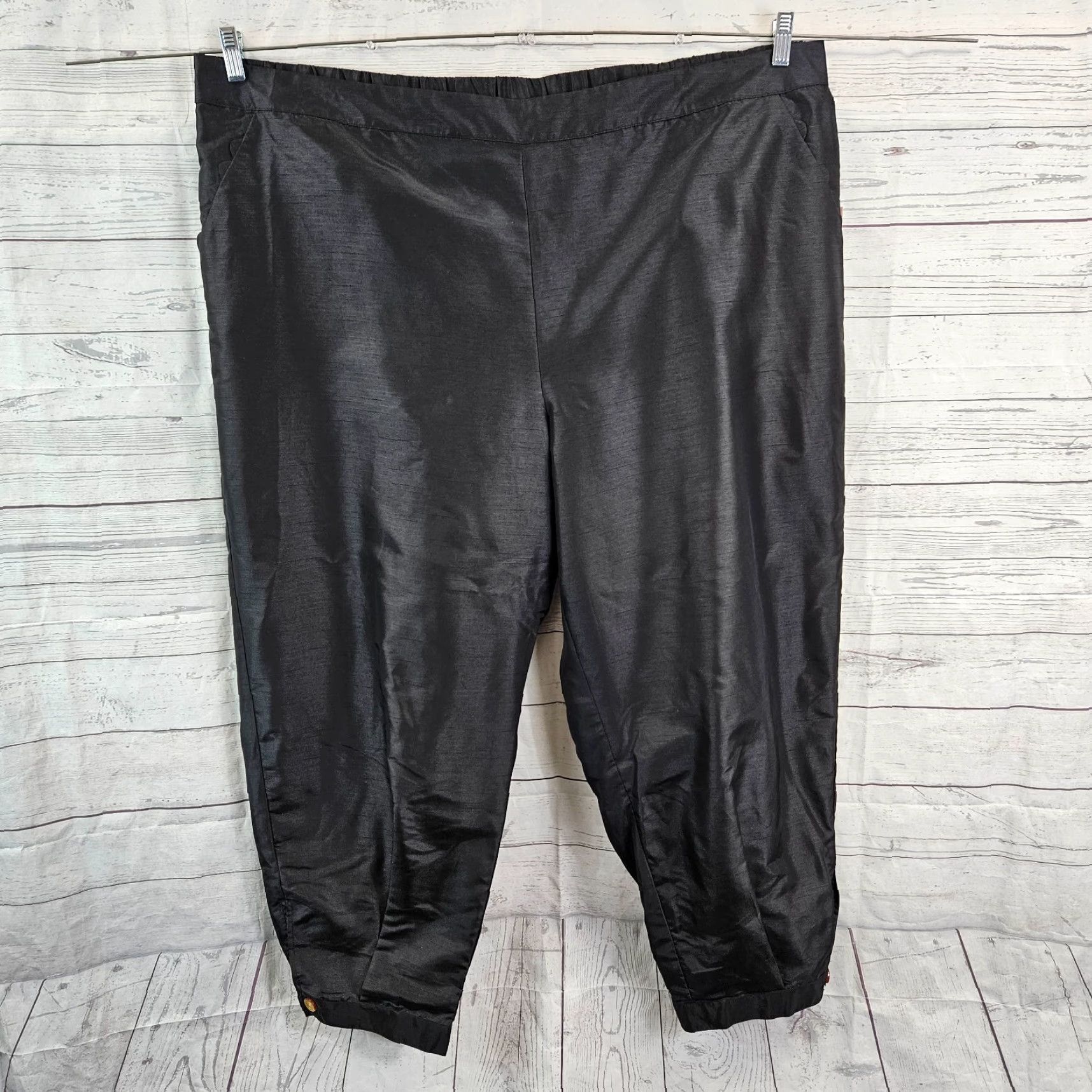 Vintage Kika Vargas Womens Pants Sz 3X Scallop Edge Pocket Tapered Solid Black Pull On Size 40" / US 18 - 2 Thumbnail
