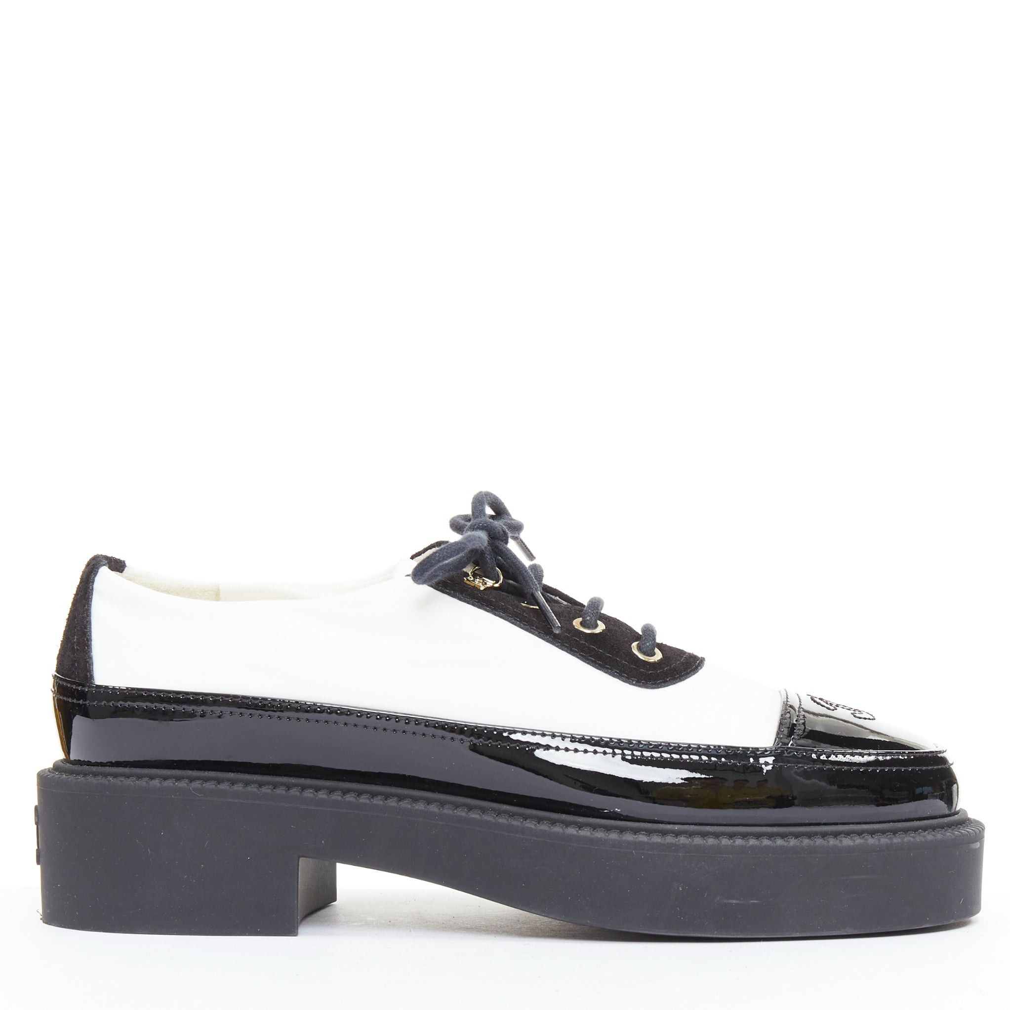 Chanel CHANEL 21B black white nylon patent leather trim CC brogue creepers EU38 Size US 8 / IT 38 - 1 Thumbnail