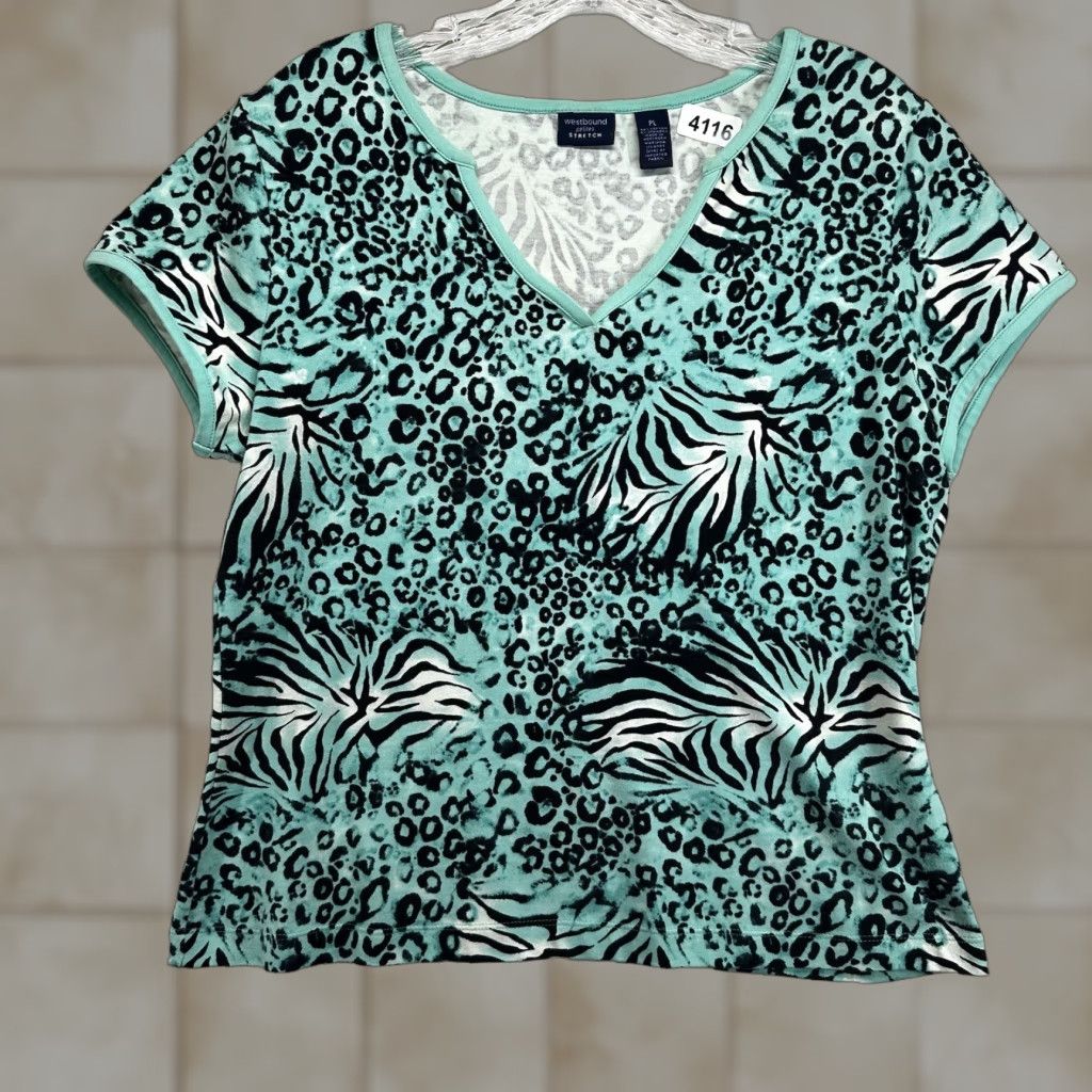 Vintage Westbound Petites Blue Cheetah Animal Print Blouse Top Women's Large PL Short Sleeve V-Neck Size L / US 10 / IT 46 - 1 Thumbnail