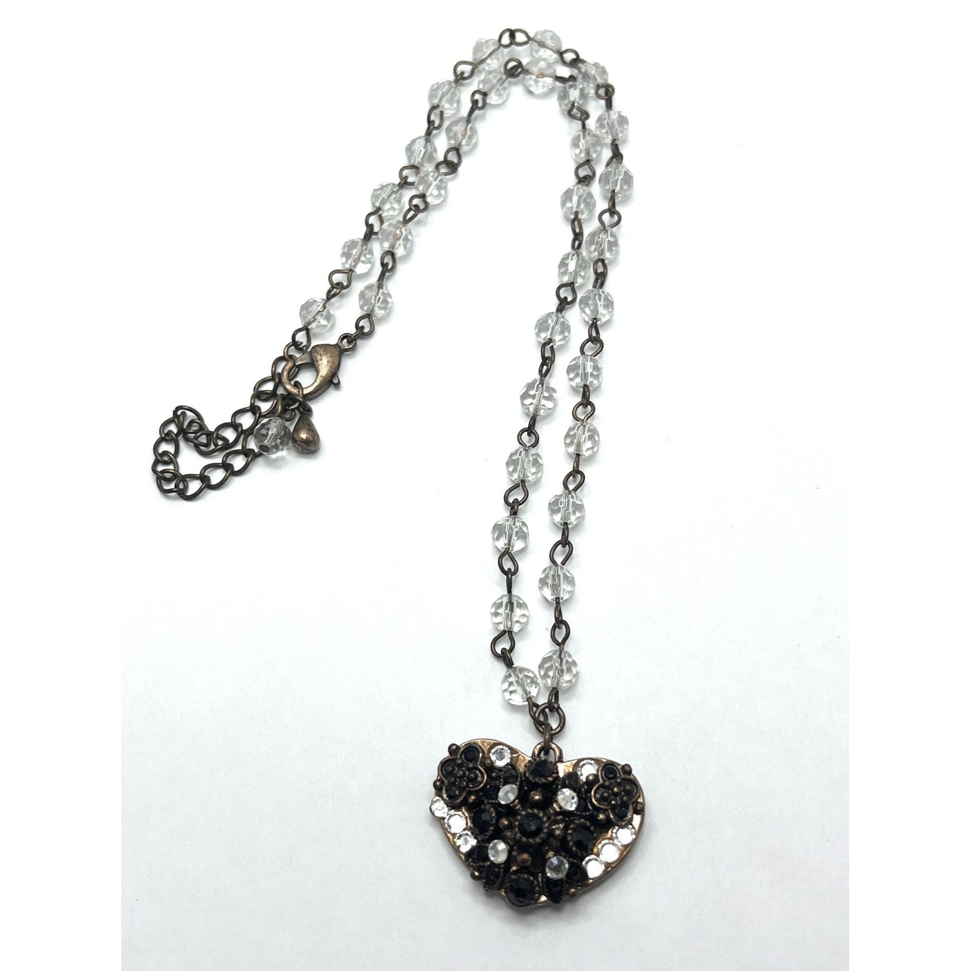 Vintage Crystal Beaded Heart Charm Necklace