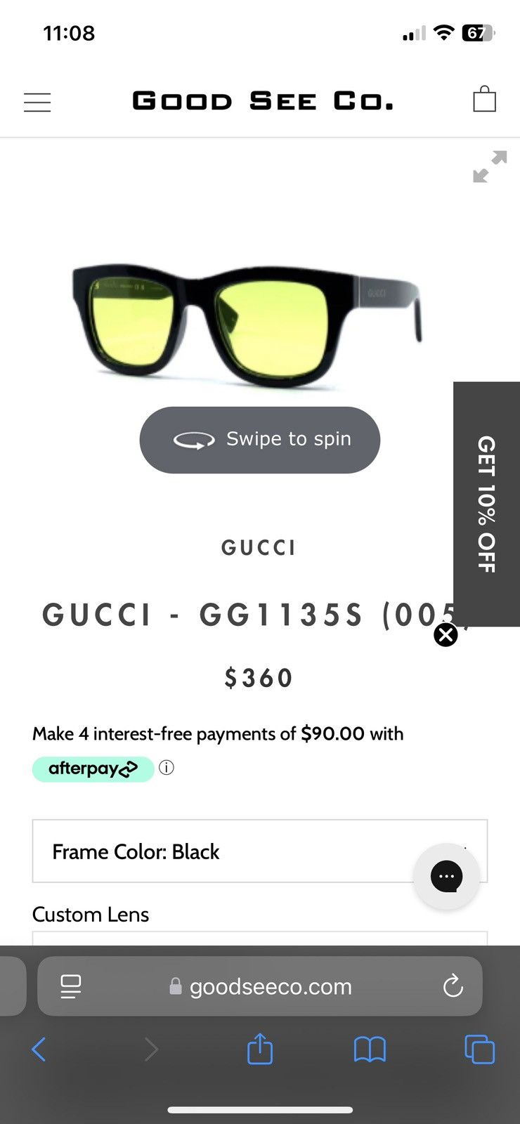 Gucci GUCCI GG1135S BLACK FRAME GREEN LENS SUNGLASSES W CASE Size ONE SIZE - 1 Thumbnail