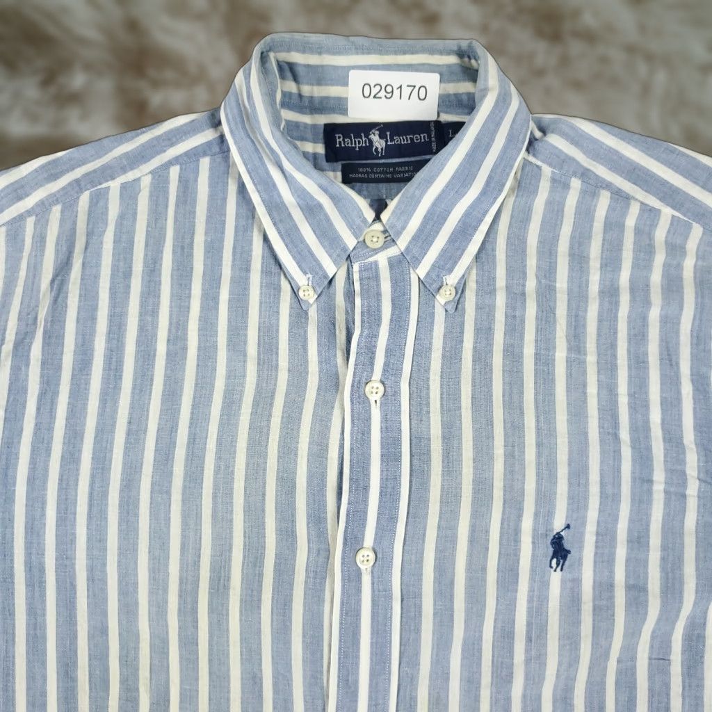 Ralph Lauren Ralph Lauren Men's Button-Up Shirt Large Blue Striped Short Sleeve Casual Workwear Size US L / EU 52-54 / 3 - 1 Thumbnail