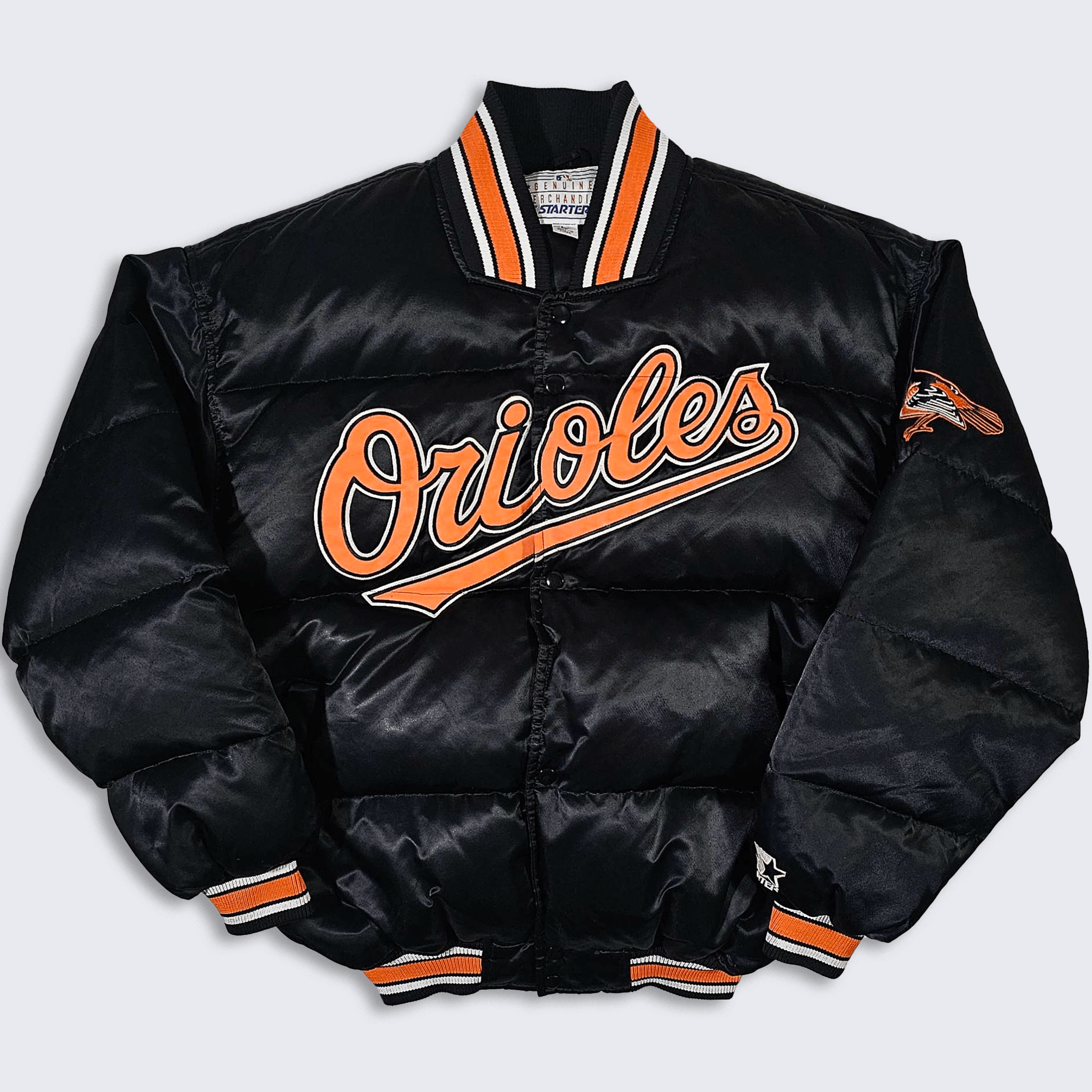 image of Mlb x Starter Baltimore Orioles 90's Starter Puffer Bubble Satin Jacket in Black/Orange (Size Large