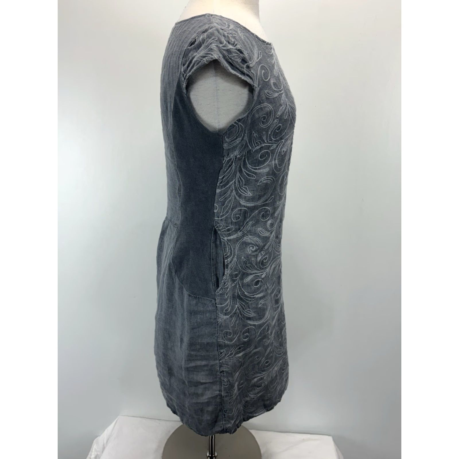 B Sides LINA TOMEI Embroidered Linen Dress Small Grey/Blue Short Sleeve Women's Italy Casual Size S / US 4 / IT 40 - 4 Thumbnail