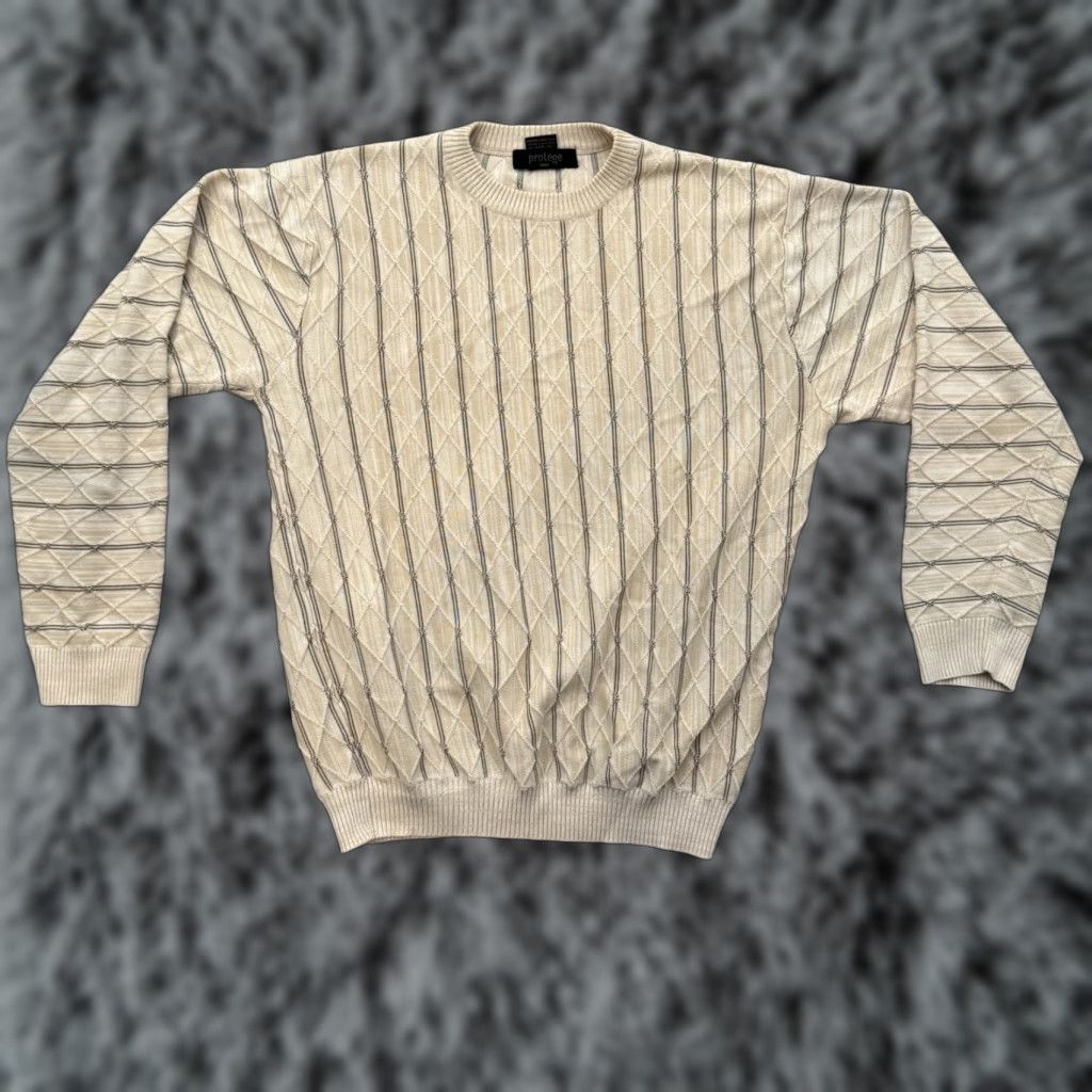 Vintage VINTAGE Protege Sweater Mens L 90s Hip Hop Streetwear 3D Knit Textured Beige Crew Neck Long Sleeve Knit Pullover Geometric 3D Mens Size US L / EU 52-54 / 3 - 1 Thumbnail