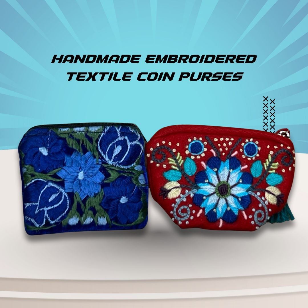 Handmade Handmade Embroidered Coin Purses With Floral Designs - Red & Size ONE SIZE - 1 Thumbnail