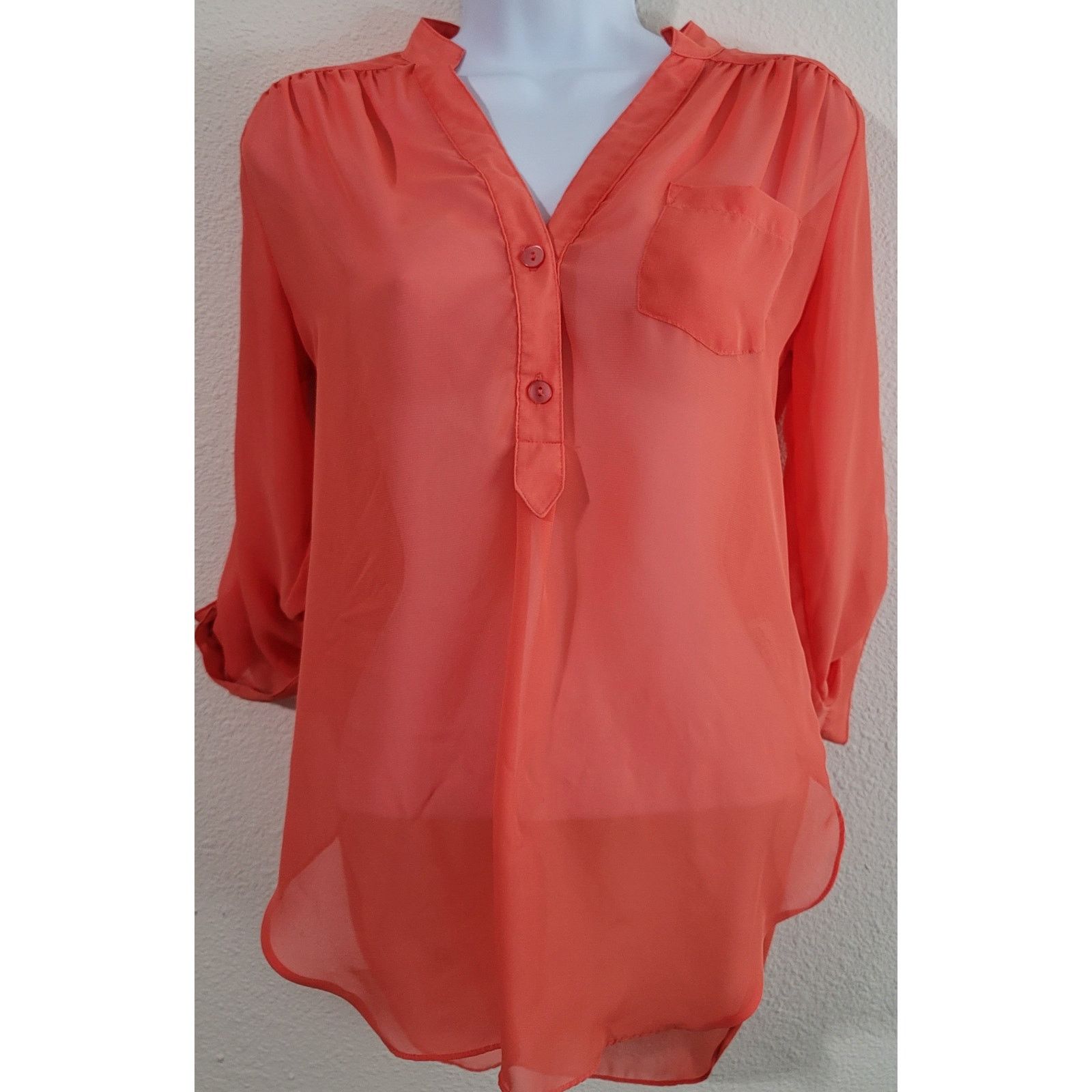 Other By & By Orange Deep V-Neck 2 Button Closure Sheer Top Small Size S / US 4 / IT 40 - 1 Thumbnail