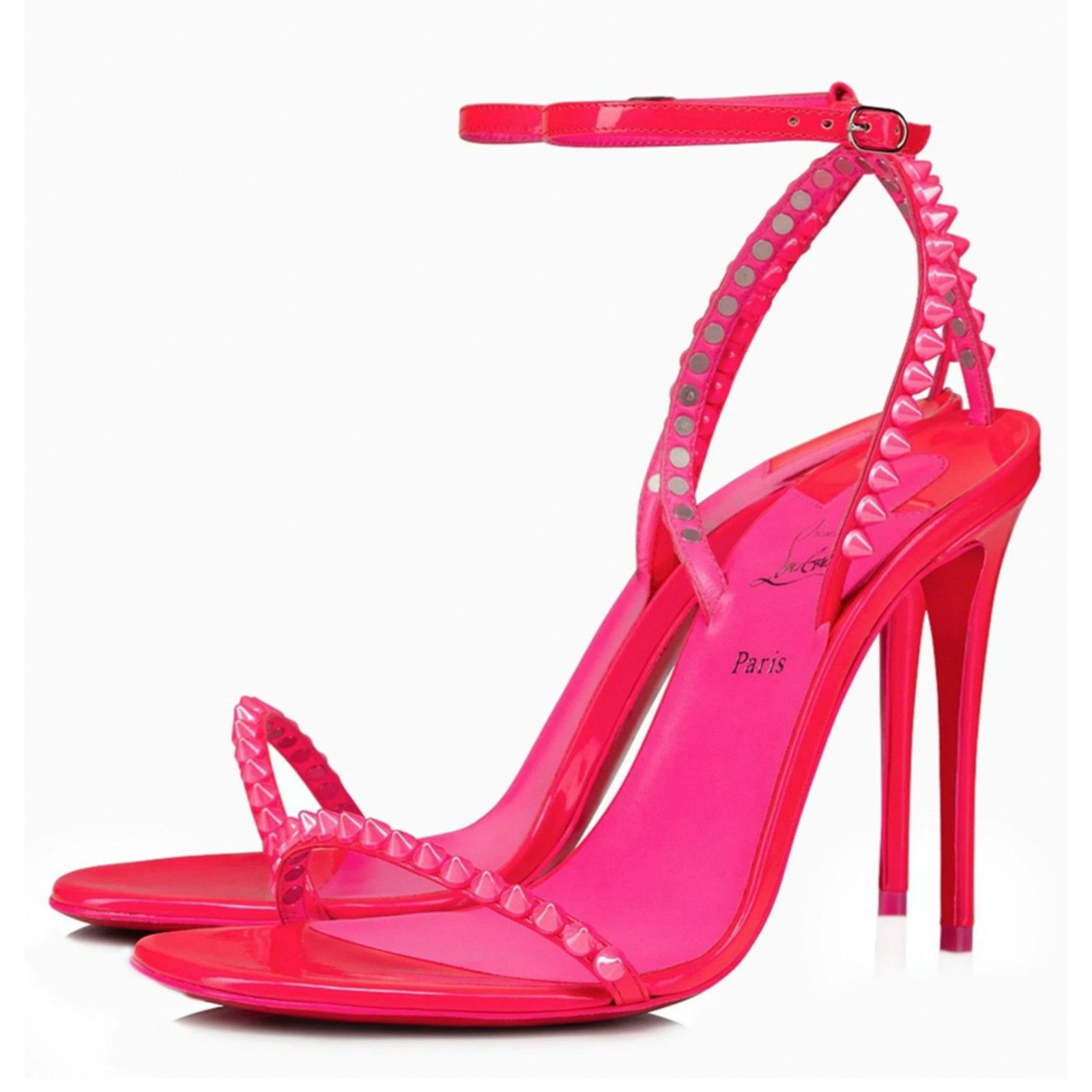 Christian Louboutin So Me 100 Fluo Pink Patent Ankle Strap Sandal Heel Pump 40 Size US 10 / IT 40 - 1 Thumbnail