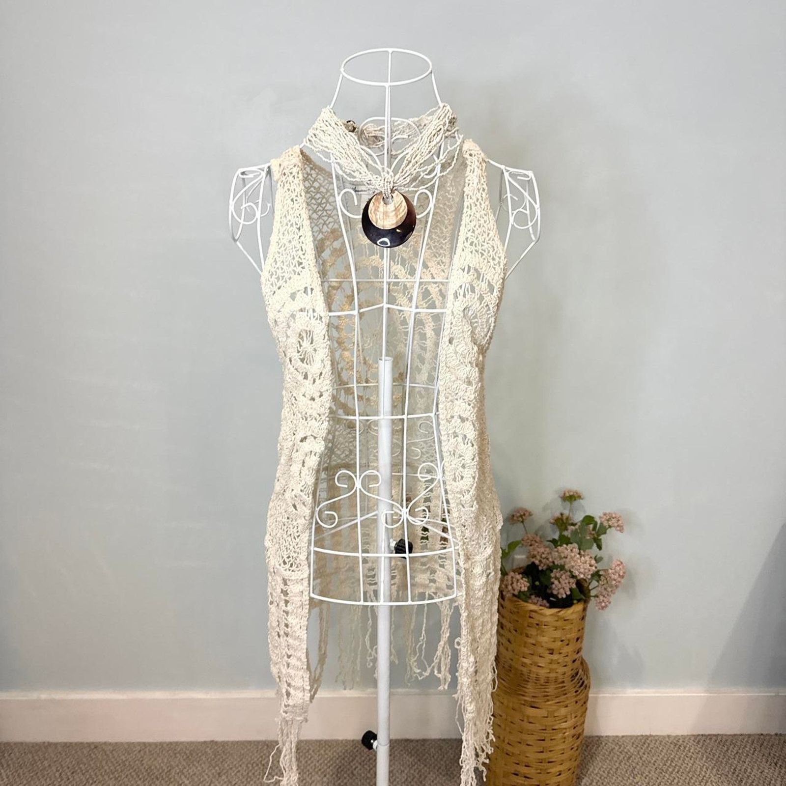 American Rag Cream vintage sheer embroidered lace vest crochet duster Size S / US 4 / IT 40 - 2 Thumbnail