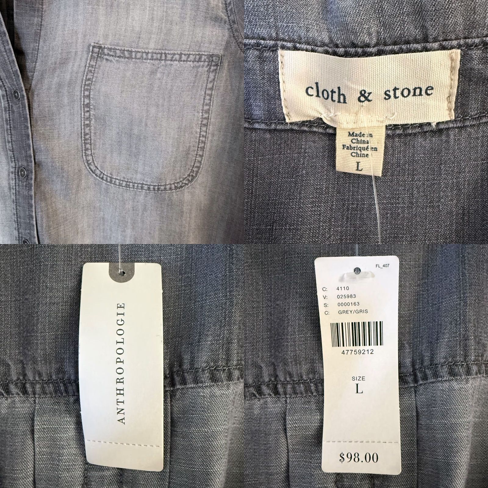 Anthropologie Cloth & Stone by Anthropologie Chambray Shirt Gray Women's Large Lyocell Button-Down Casual Pockets Size L / US 10 / IT 46 - 8 Thumbnail