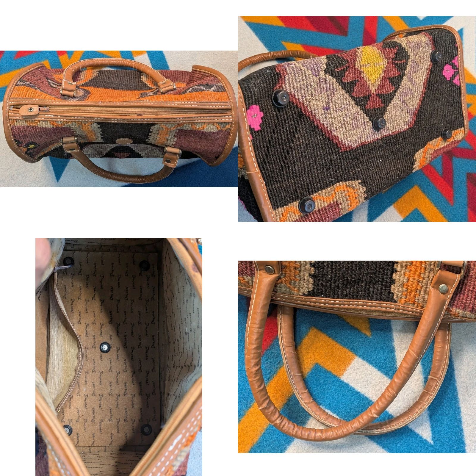 Vintage VINTAGE Durusel Hand Made Kilim Carpet Bag Purse Wool Leather Turkish 13x10" Womens Size ONE SIZE - 8 Thumbnail