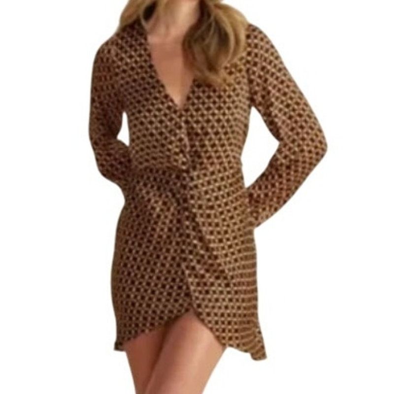 MINKPINK Gold Patterned Front Bunch Snap V Neck Valentina Mini Dress Size L / US 10 / IT 46 - 4 Thumbnail