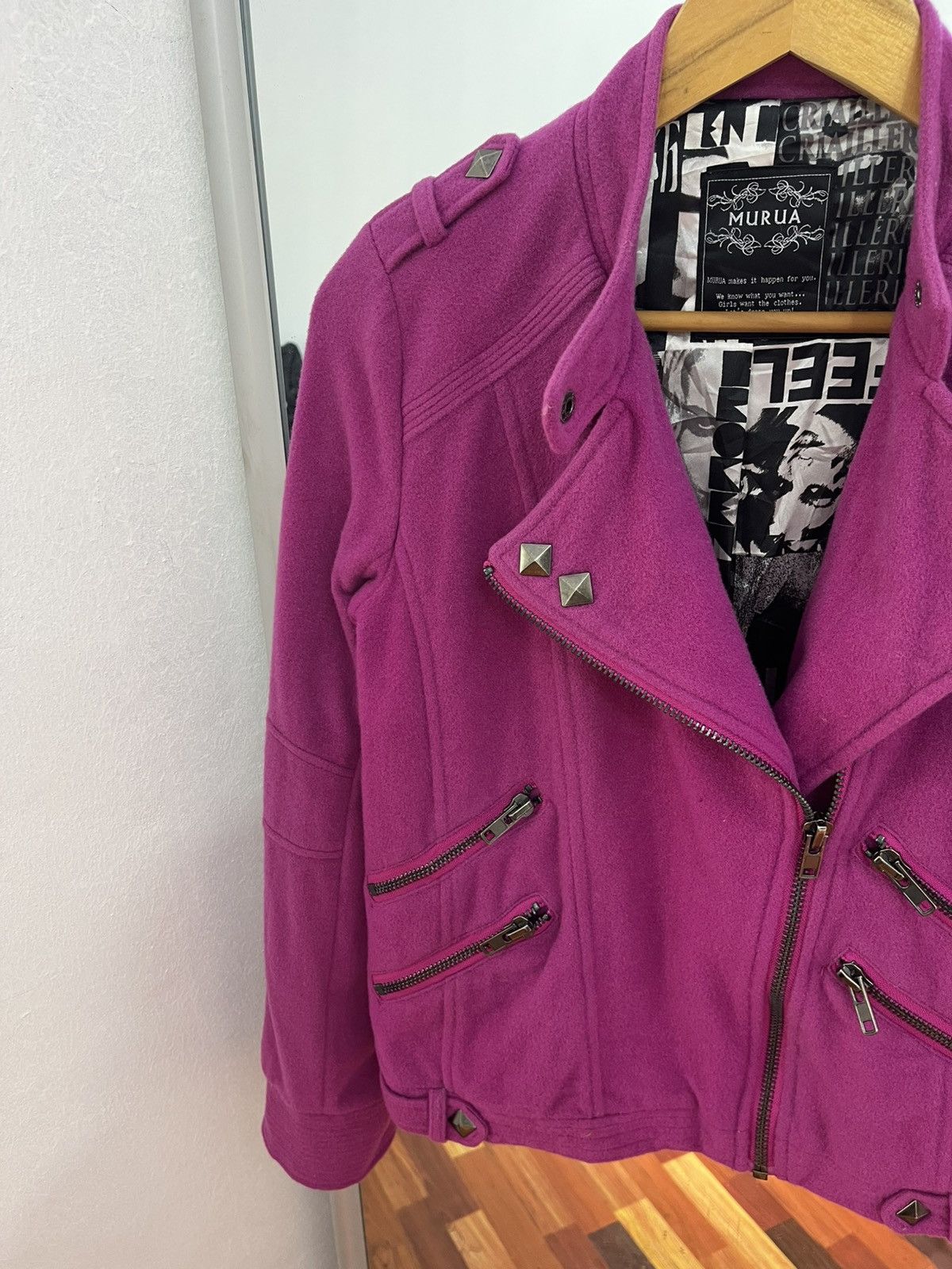 Japanese Brand MURUA Wool Biker Jacket Pink Studded Moto Japan Size S / US 4 / IT 40 - 4 Thumbnail