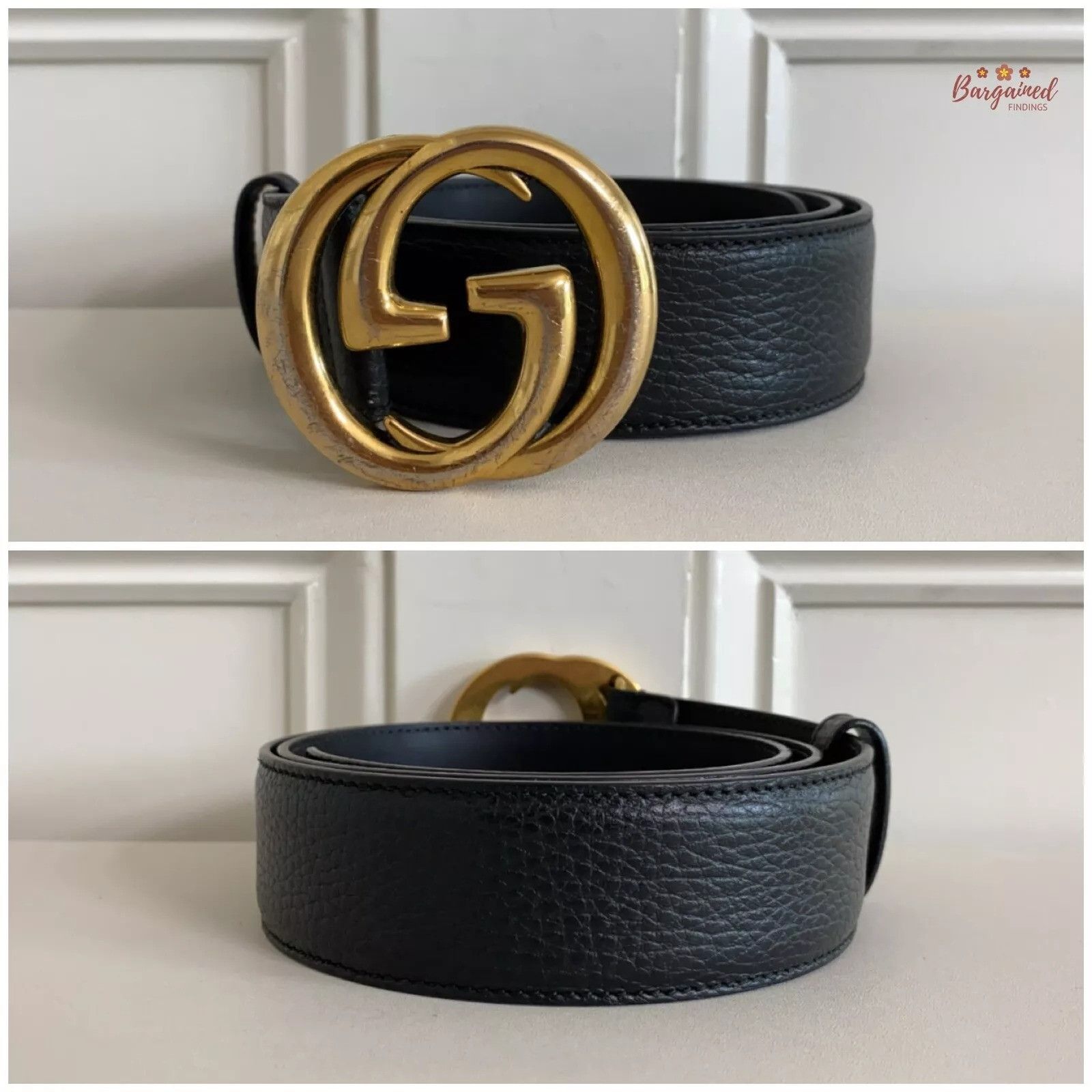 Gucci Gucci Black Pebbled Leather Gold Interlocking G Buckle Belt Size 34 - 2 Thumbnail