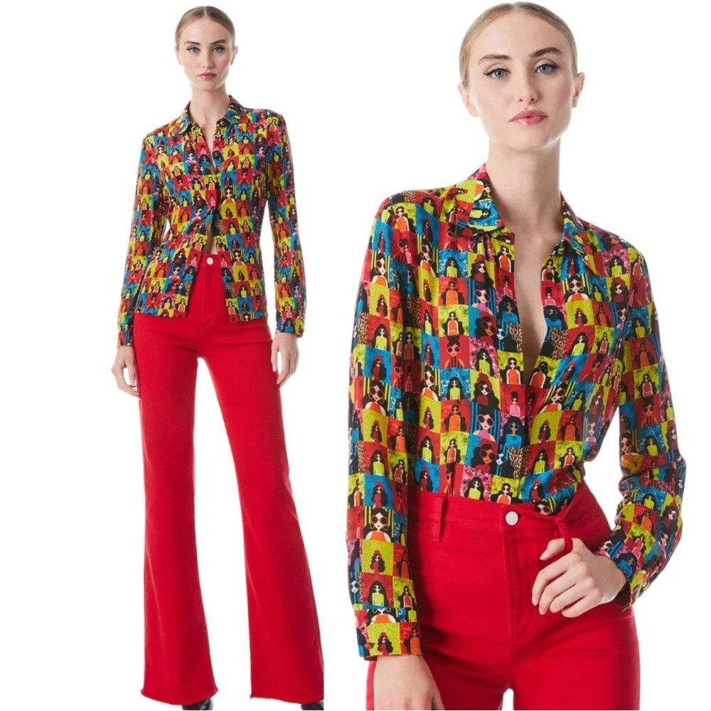 Alice + Olivia ALICE + OLIVIA WILLA CHECKERED GRAPHIC SILK BUTTON UP SHIRT Size XS / US 0-2 / IT 36-38 - 1 Thumbnail