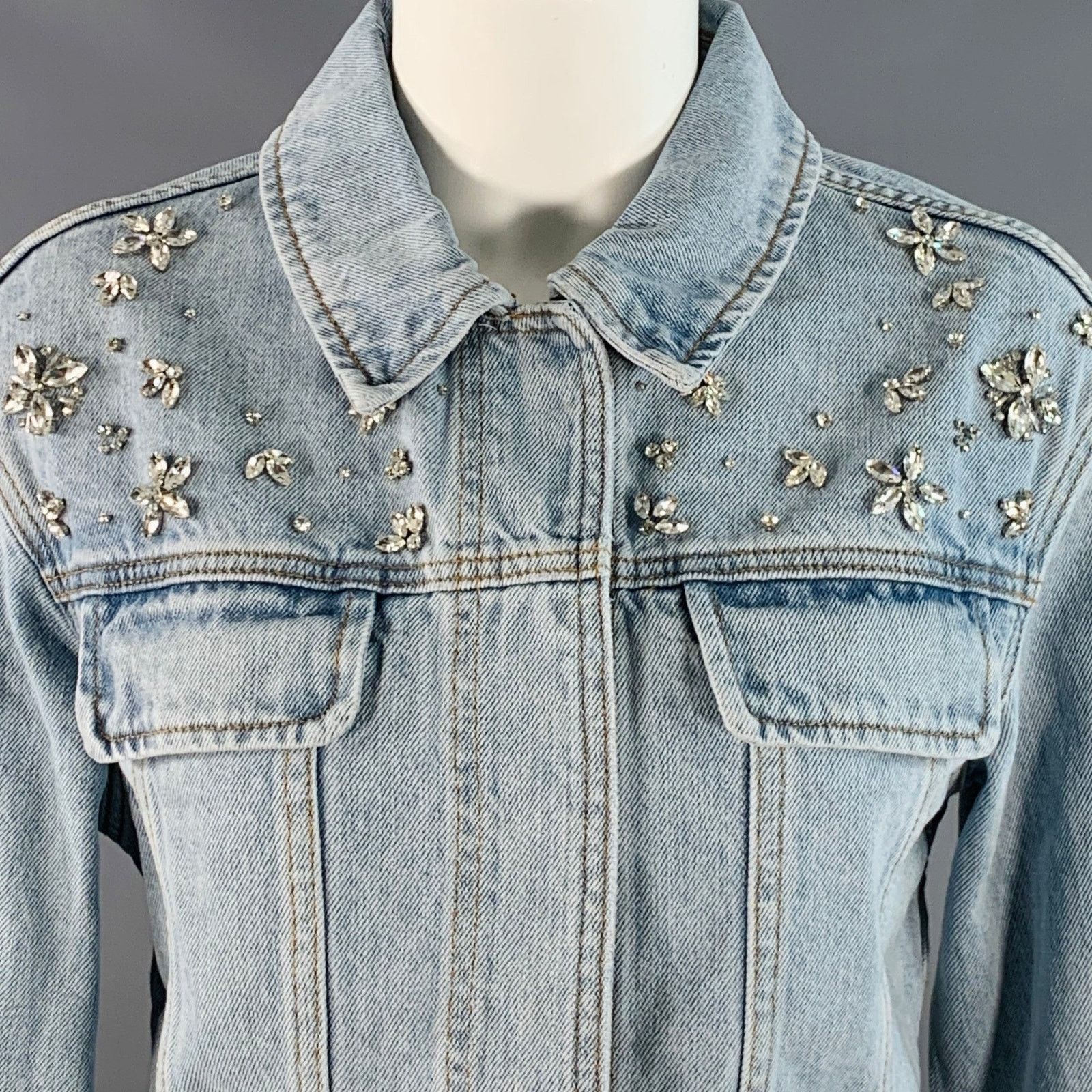 Self-Portrait SELF-PORTRAIT 6 Blue Cotton Rhinestones Cropped Denim Jacket Size M / US 6-8 / IT 42-44 - 2 Thumbnail