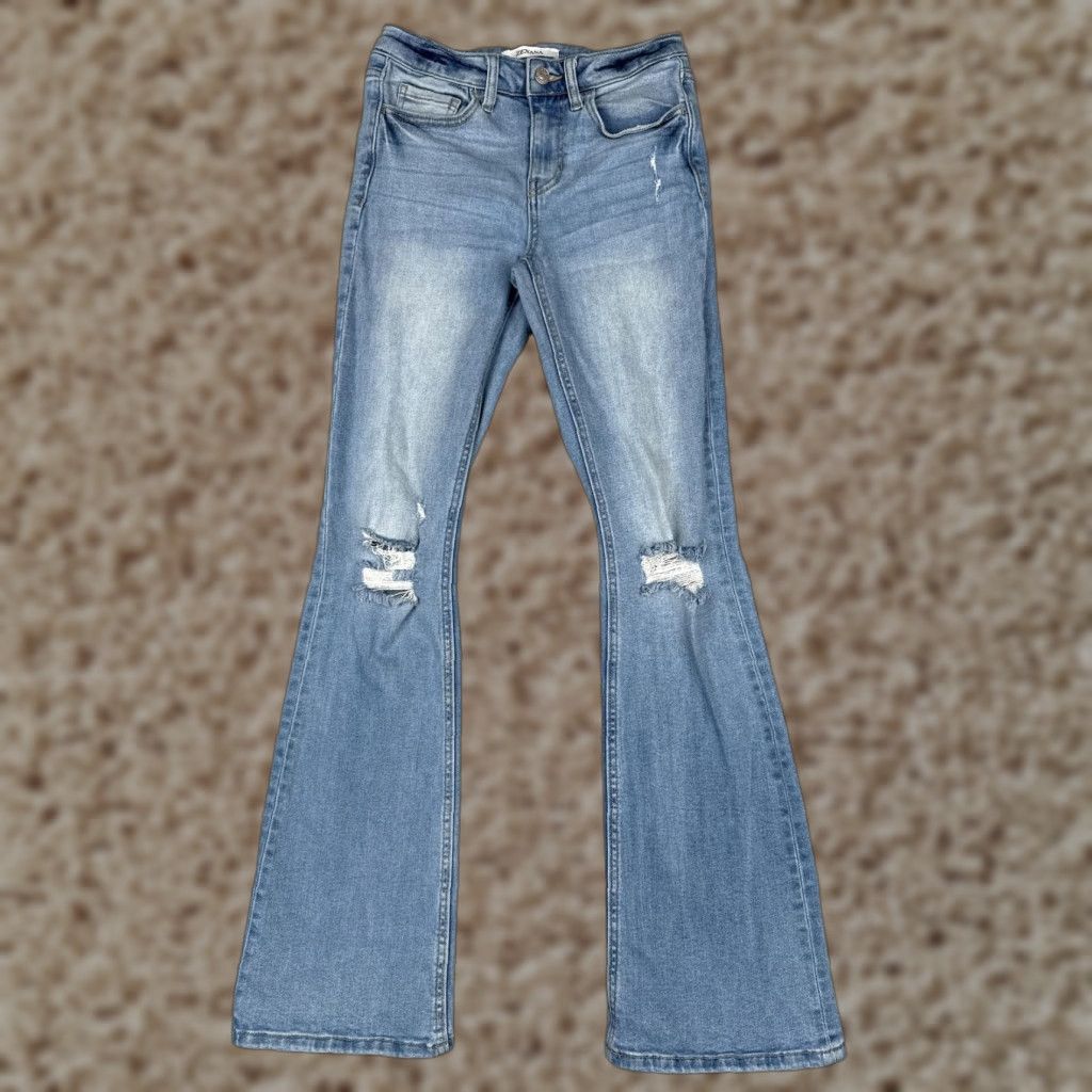 Vintage Zenana Jeans Womens 26 Blue Med Wash Mid Rise Distressed Stretch Flared 5-Pocket Denim Vintage No Size 26" / US 2 / IT 38 - 1 Thumbnail