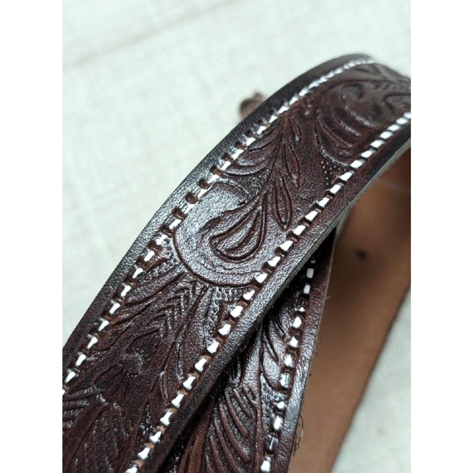 Vintage VINTAGE handcrafted western belt belt Men 34 brown floral leather cowhide buckle 1-3/8" width Size 34 - 3 Thumbnail