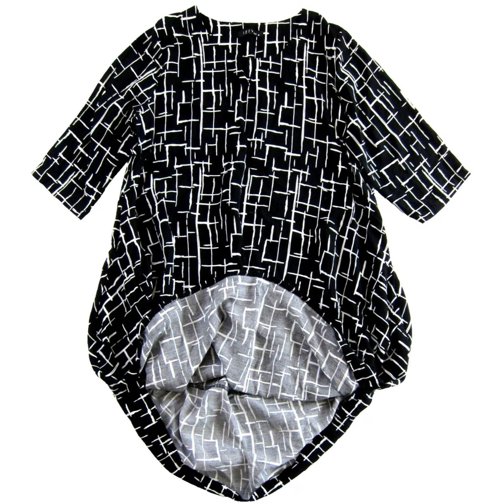 Vintage IZZY Style Black White Geometrical 3/4 Sleeve Pocket Tunic Smock Midi Dress M Size M / US 6-8 / IT 42-44 - 5 Thumbnail