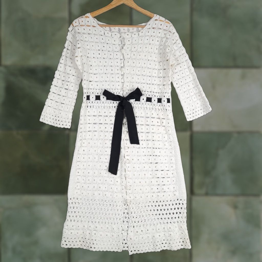 Robert Rodriguez Robert Rodriguez Dress Womens XS White Crochet Open Granny Squares Ribbon Belt Mod Duster Size XS / US 0-2 / IT 36-38 - 1 Thumbnail