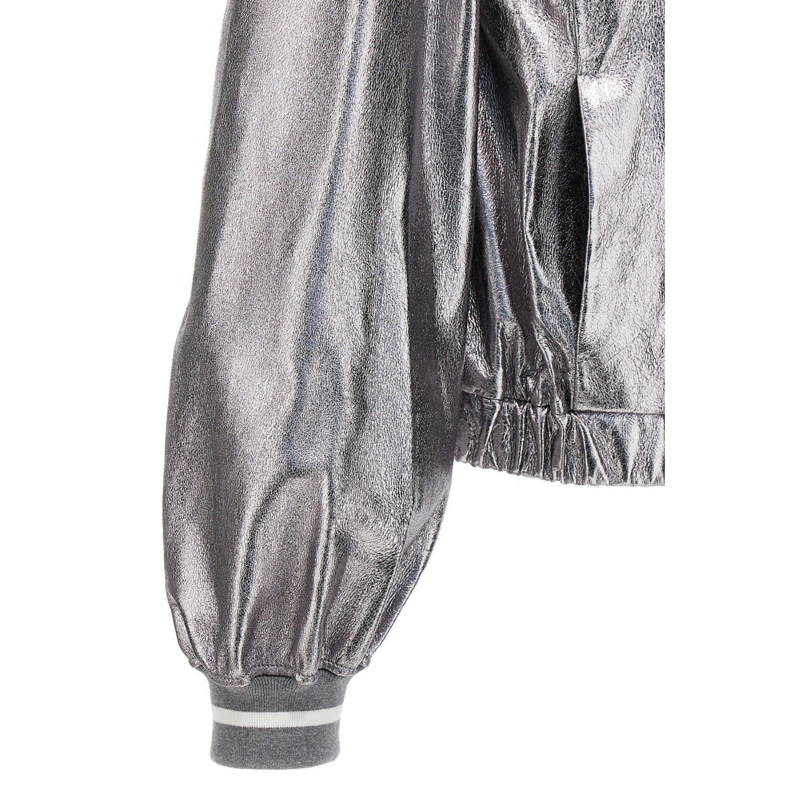 Brunello Cucinelli BRUNELLO CUCINELLI Silver Shiny Leather Bomber Jacket New & Size M / US 6-8 / IT 42-44 - 4 Thumbnail