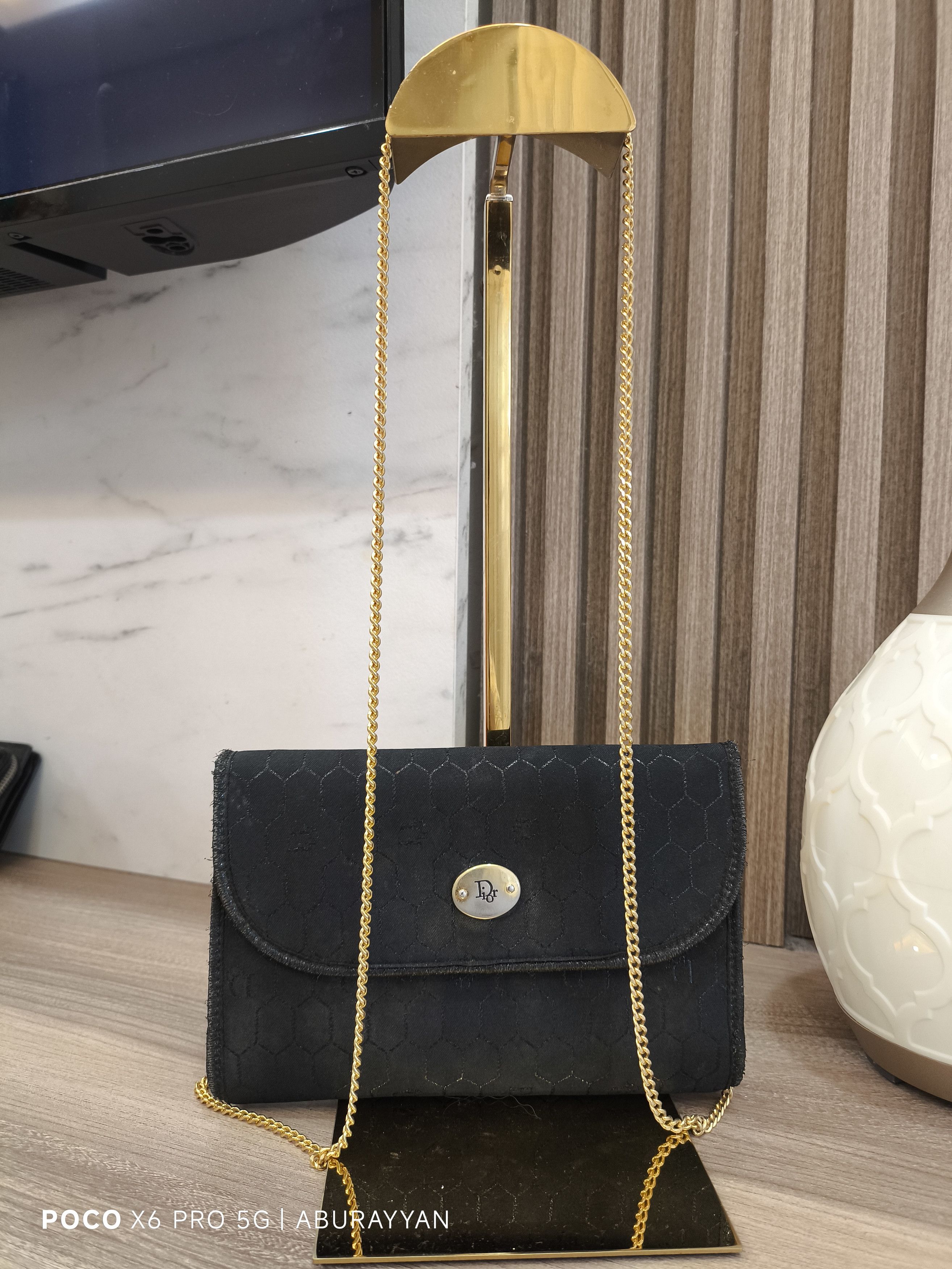 Christian Dior Honeycomb Canvas Chain Shoulder Bag Black
