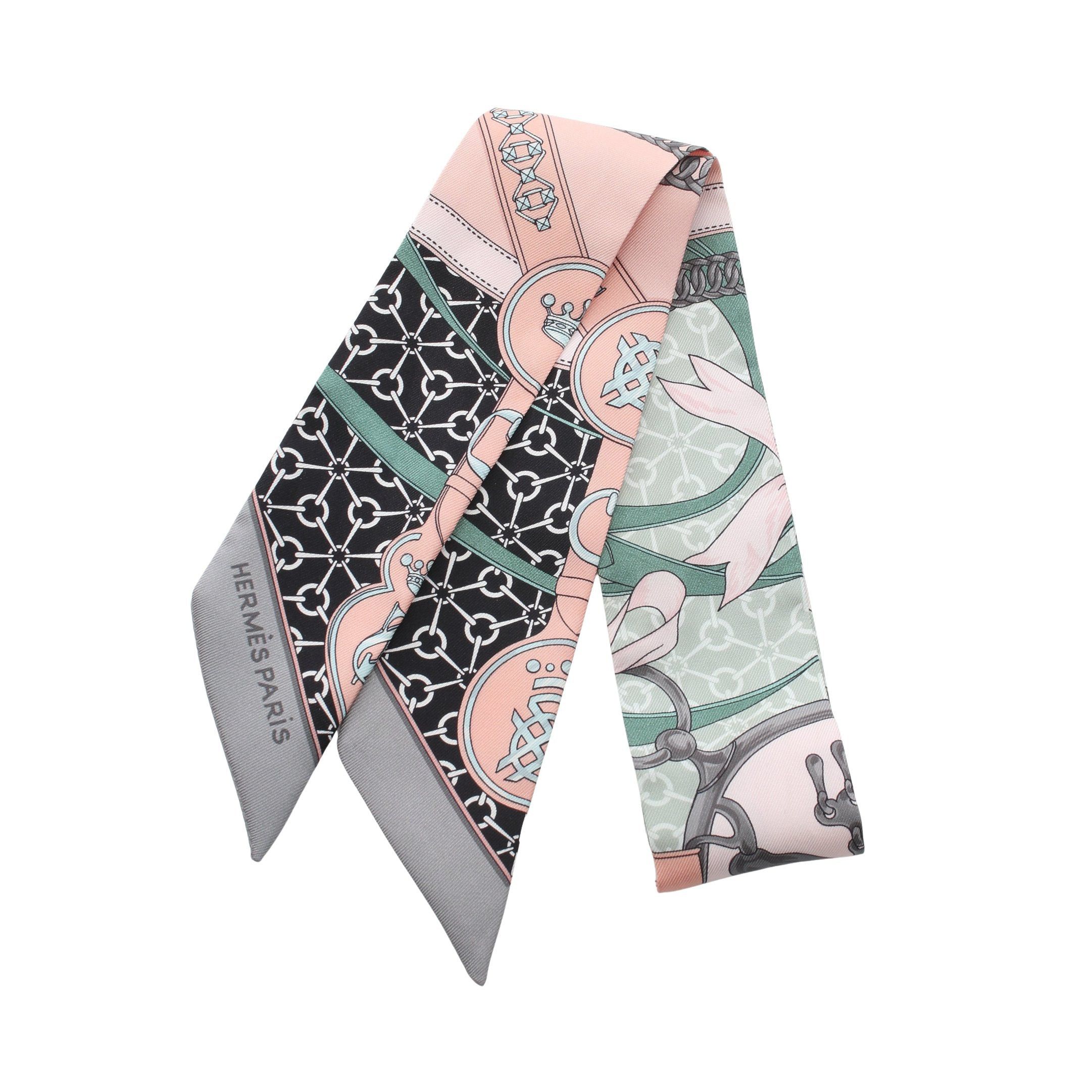 Hermes Hermes Twilly La Promenade Du Matin Scarf Silk Green Gray Pink Size ONE SIZE - 1 Thumbnail