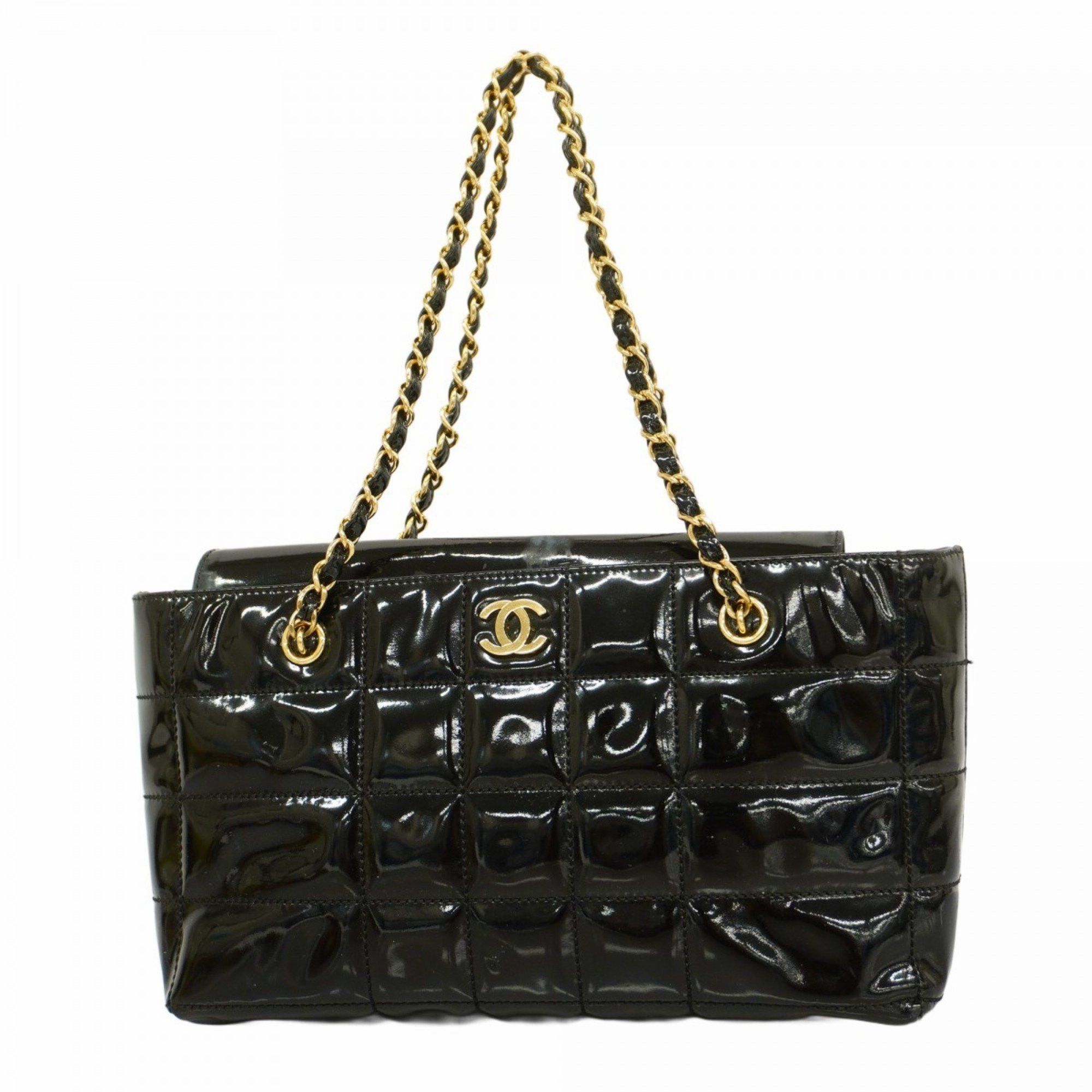 Chanel Shoulder Bag Chocolate Bar Chain Patent Leather Black Women's