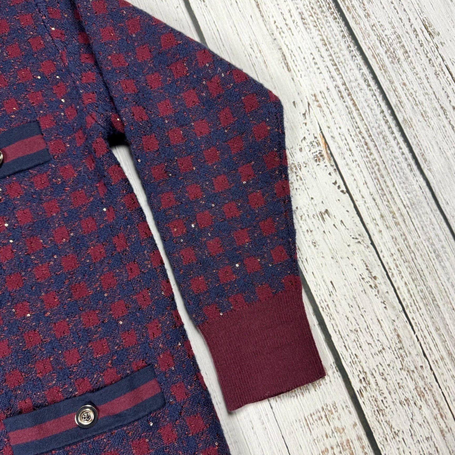 Sandro Sandro Cardigan WOMENS V-NECK CHECKED W/SEQUINS MARINE BORDEAUX PREPPY Size ONE SIZE - 3 Thumbnail