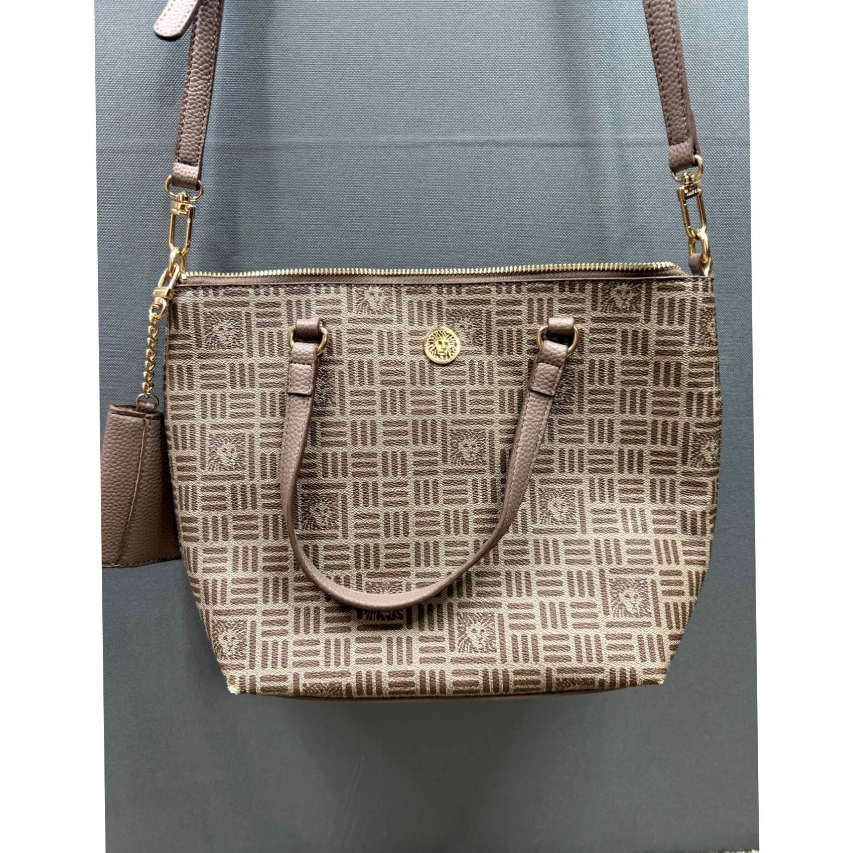 Anne Klein Anne Klein Crossbody Tote Bag Womens Taupe Brown Monogram Lion Head Pouch OS Size ONE SIZE - 2 Thumbnail