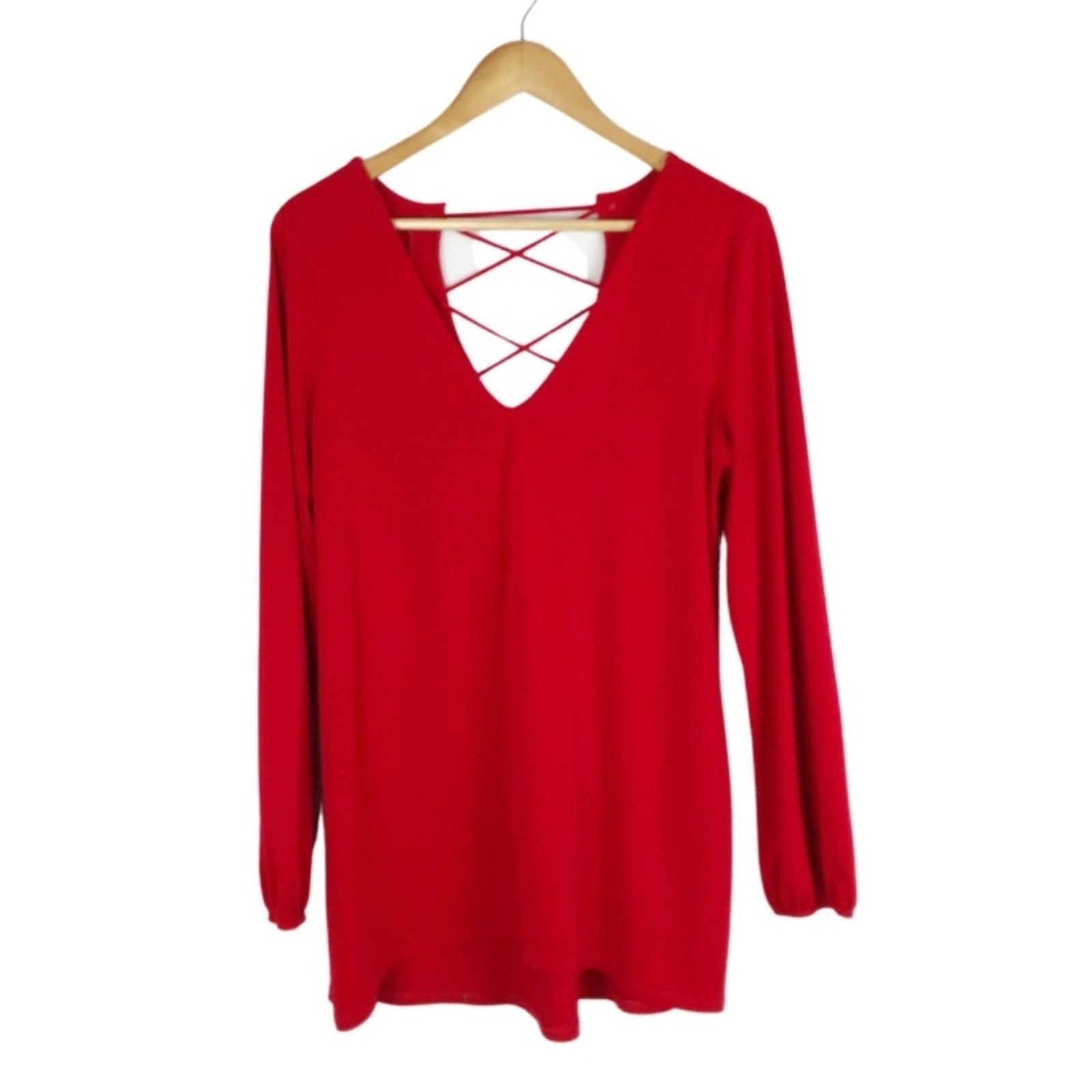 Express Express Women’s Red Lace Up Long Sleeve Sexy Blouse Size M / US 6-8 / IT 42-44 - 1 Thumbnail