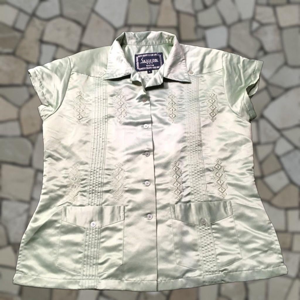 Vintage VTG SAXIFON GREEN Satin Shirt WOMENS Blouse Short Sleeve L Size L / US 10 / IT 46 - 1 Thumbnail