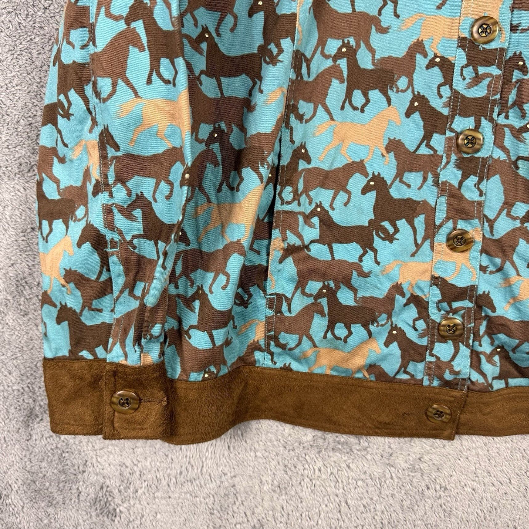 Apple Toffee Apple Jacket Women's L Canvas Horse Faux Leather Equestrian Western Cowgirl Horse Pattern Button Closure Casual Travel Fall Winter Spring Blue Size L / US 10 / IT 46 - 6 Thumbnail