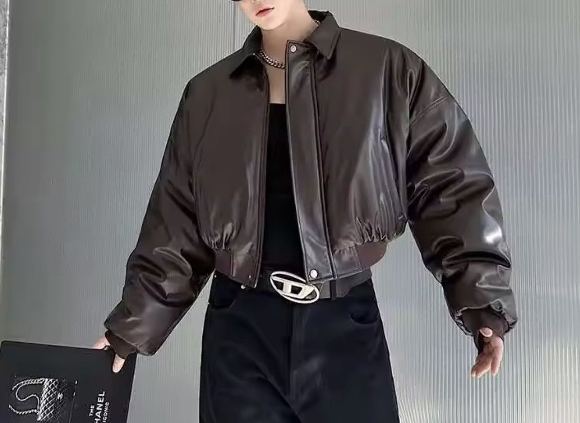 Japanese Brand CROPPED Vegan Leather Bomber Jacket - Boxy Streetwear Puffer Size US M / EU 48-50 / 2 - 1 Thumbnail