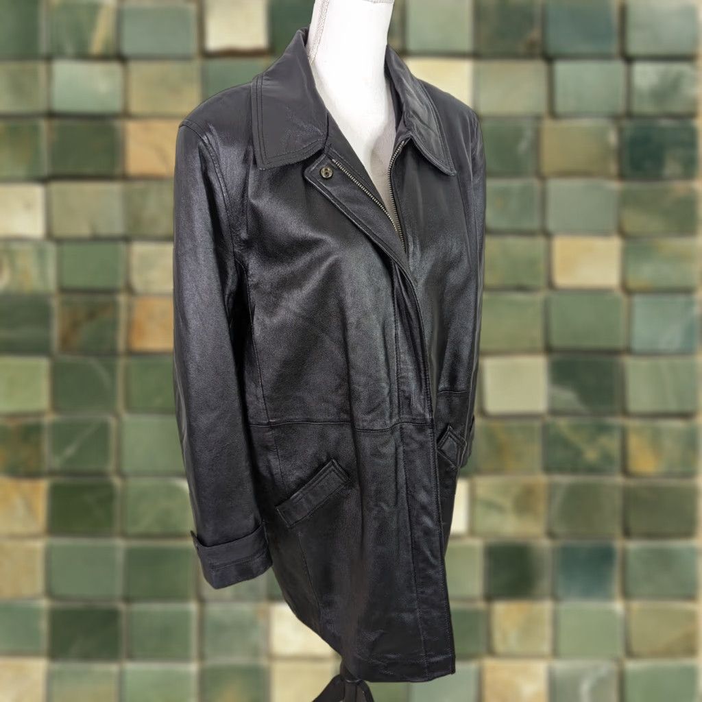 Vintage VINTAGE Leather Long Trench Biker Bomber Black Jacket Coat Women's Large Size L / US 10 / IT 46 - 1 Thumbnail