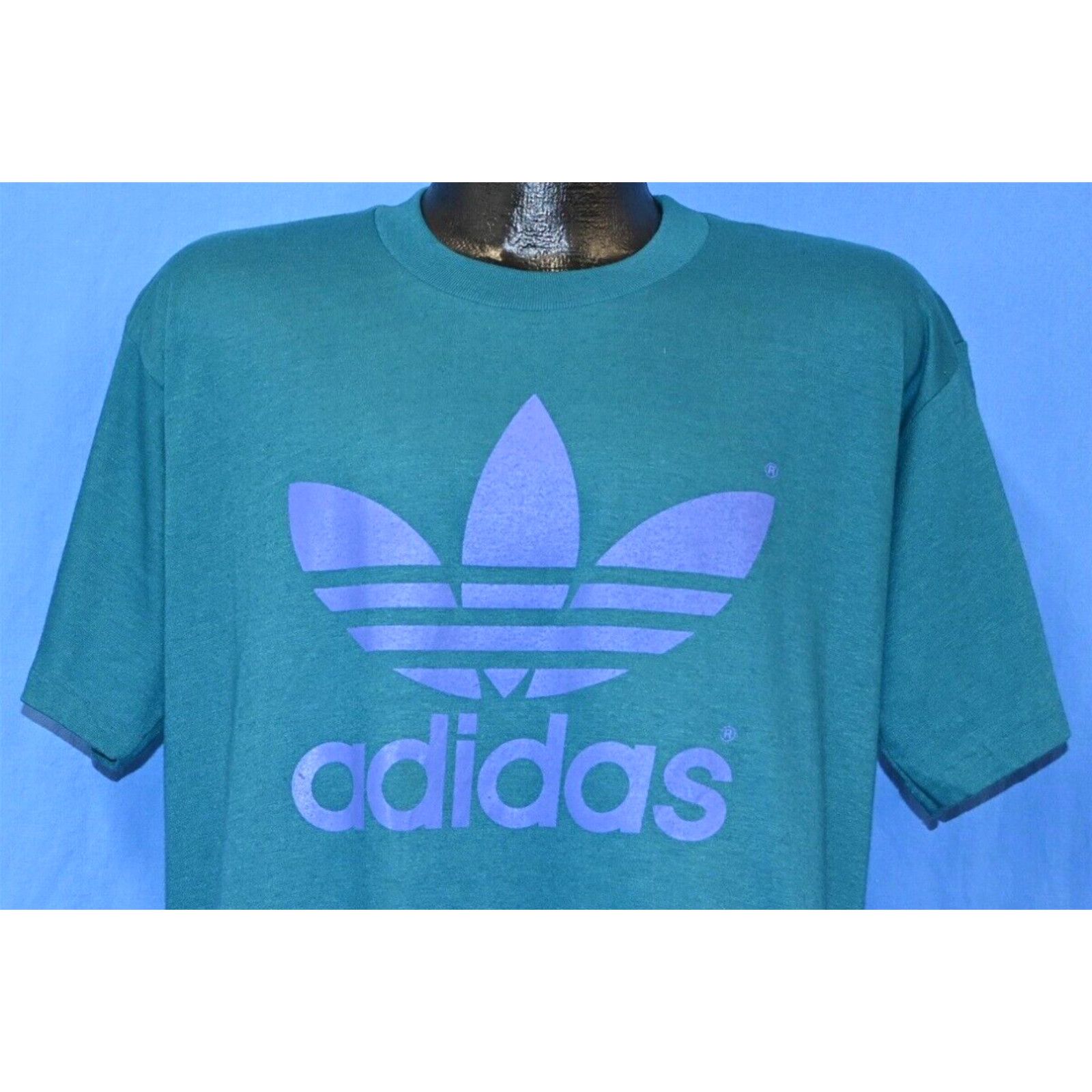 image of Vintage 80's Adidas Trefoil Logo Double Sided Teal Purple Usa Made T-Shirt XL in White, Men's