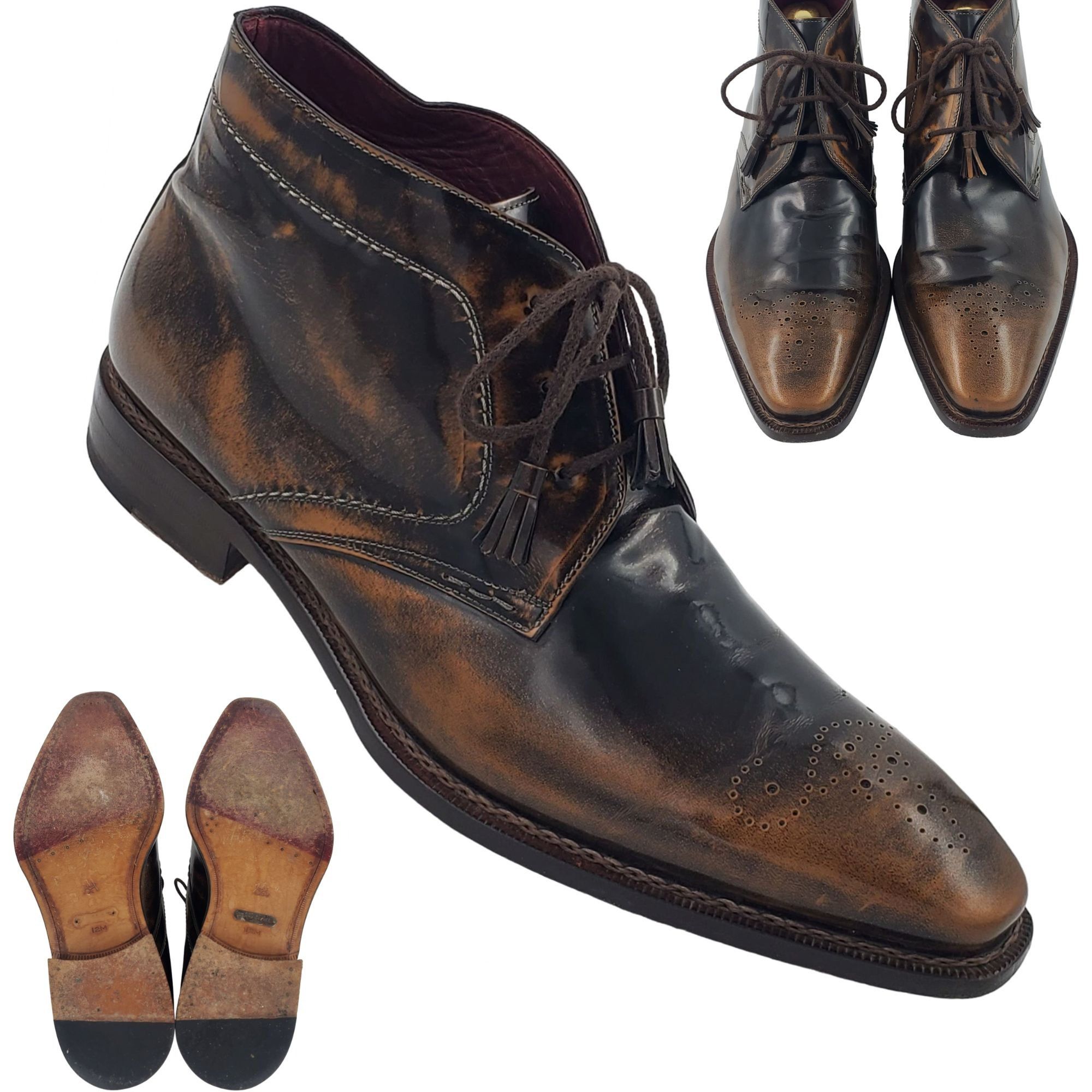 Mezlan Mezlan Spain Antiqued Brown Gloss Leather Chukka Boots 12M Size US 12 / EU 45 - 1 Thumbnail