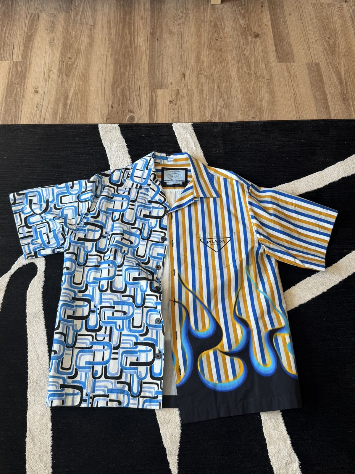 Prada Bowling Shirt - Blue/Yellow Black Flames - Size L
