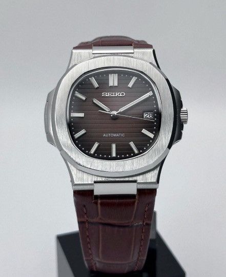 Japanese Brand Seiko Mod Nautilus Brown Dial Steel Watch Leather Strap 41mm Size ONE SIZE - 1 Thumbnail