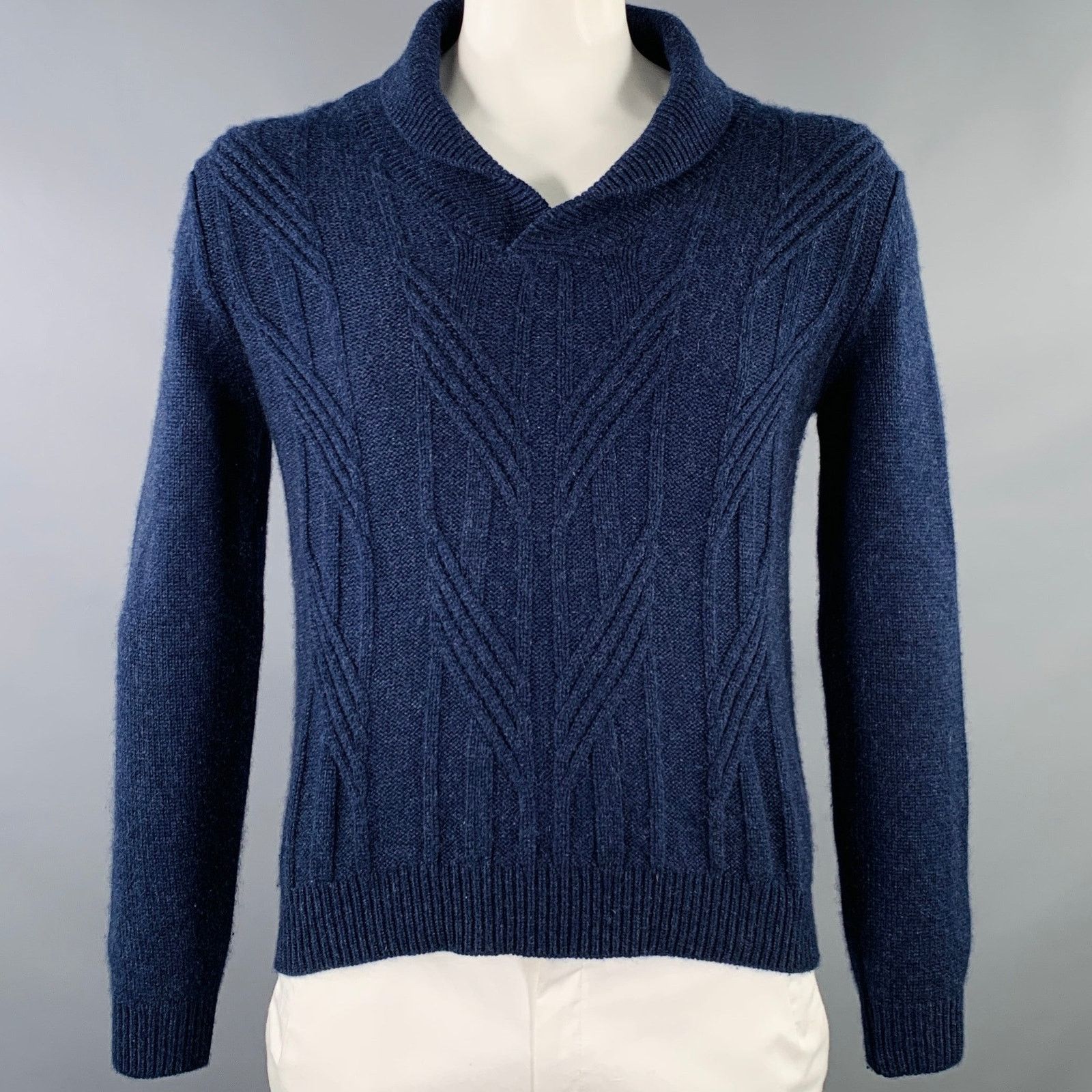 Barneys New York XL Navy Cable Knit Cashmere Shawl Collar Sweater Size US XL / EU 56 / 4 - 1 Thumbnail