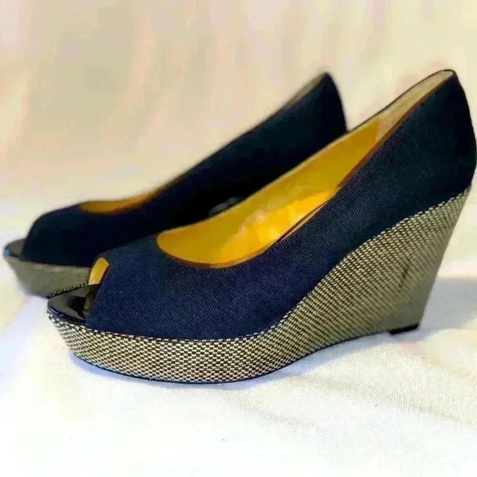 Nine West Nine West Cheerful Platform Wedge Navy Blue Canvas Peep Toe Size US 10 / IT 40 - 3 Thumbnail