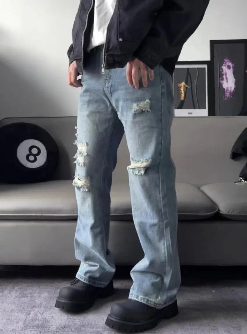 Designer × Japanese Brand Street wash ripped straight wide leg jeans Size US 34 / EU 50 - 2 Thumbnail