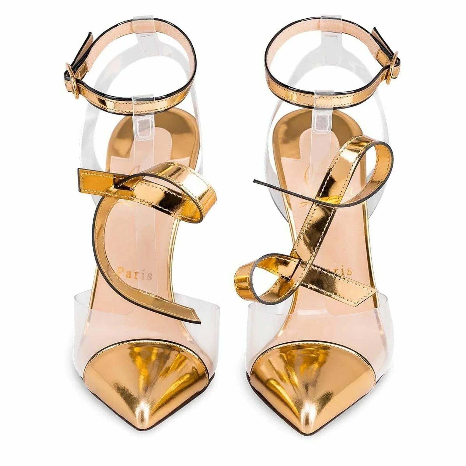 Christian Louboutin Alta Firma 100 Gold PVC T Strap Ankle Heel Sandal Pump 35 Size US 5 / IT 35 - 7 Thumbnail