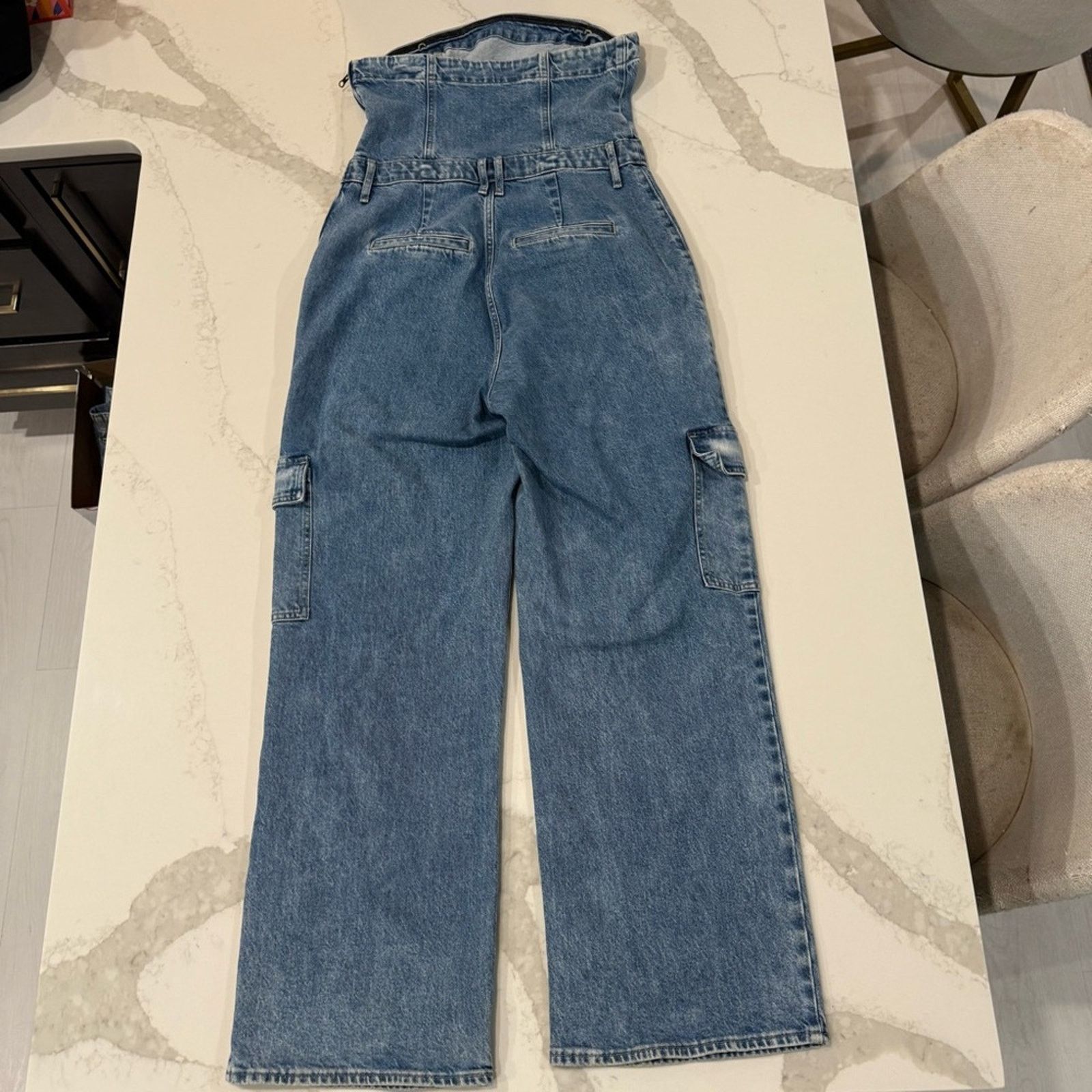 Express Express Strapless Wide Leg Cargo Denim Jumpsuit Womens 12 Size 34" / US 12 / IT 48 - 13 Thumbnail