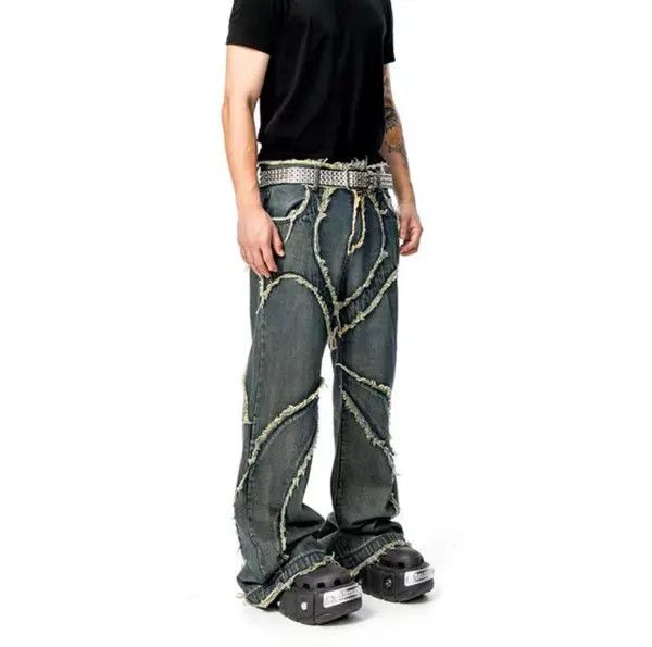 Retro mud-dyed raw edge washed distressed jeans