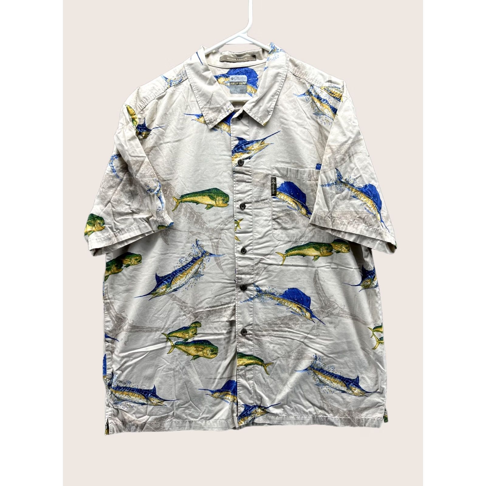 Vintage Columbia Shirt Mens XL Beige Fish Graphic Short Sleeve Button Front Fishing VTG River Lodge Field Gear Mens XL Beige Fish Graphic Shirt Size US XL / EU 56 / 4 - 1 Thumbnail