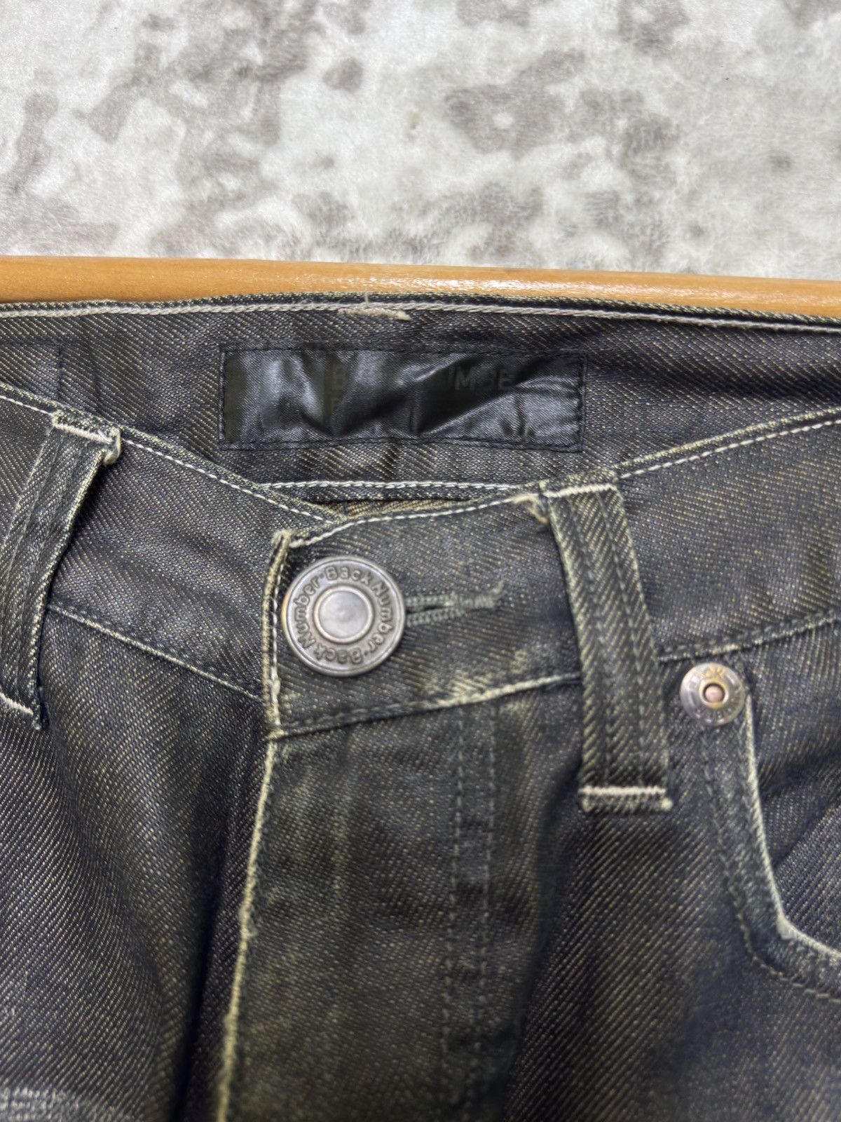 Japanese Brand Vintage Back Number Waxed Coated Clawmark Denim Jeans Size US 30 / EU 46 - 8 Thumbnail