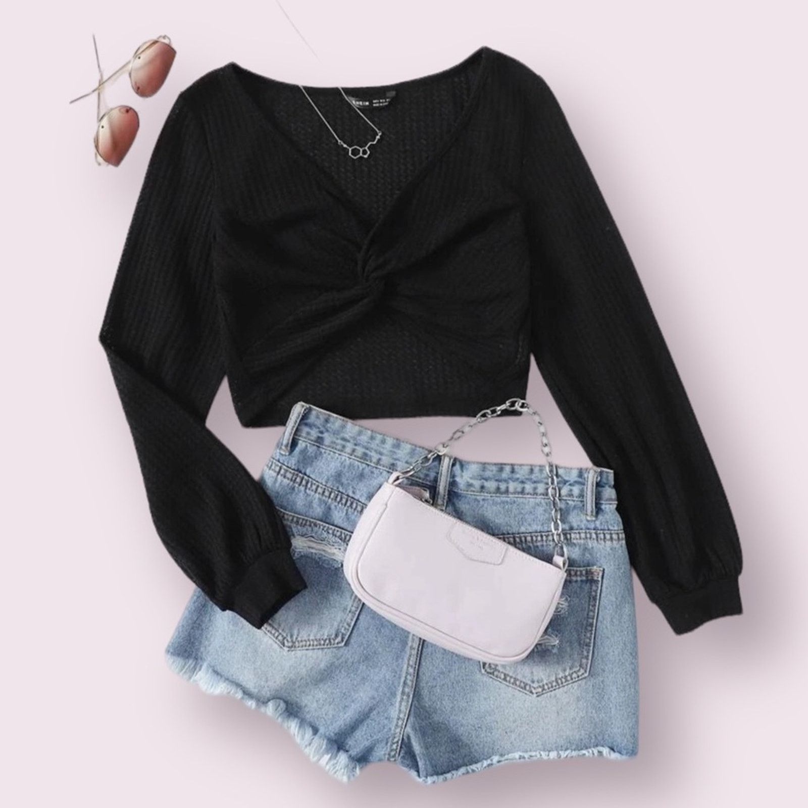 Other Boutique Boho Black Waffle Knit Twist Crop Top Long Sleeve L Size L / US 10 / IT 46 - 3 Thumbnail
